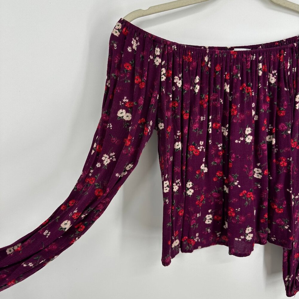 3/$25 Hollister Floral Off the Shoulder Blouse Top S Maroon Red Long Sleeve - Picture 3 of 6